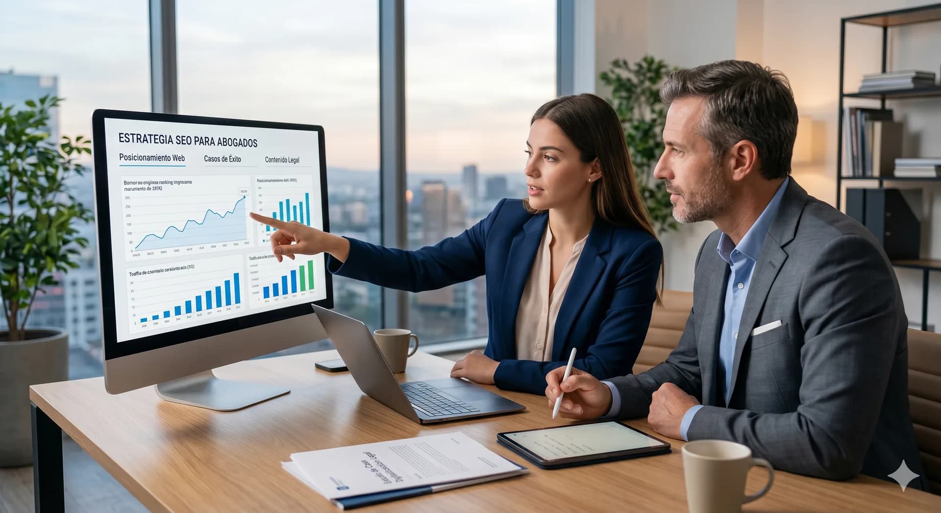 Consultores analizando una estrategia SEO y resultados de posicionamiento para un despacho de abogados
