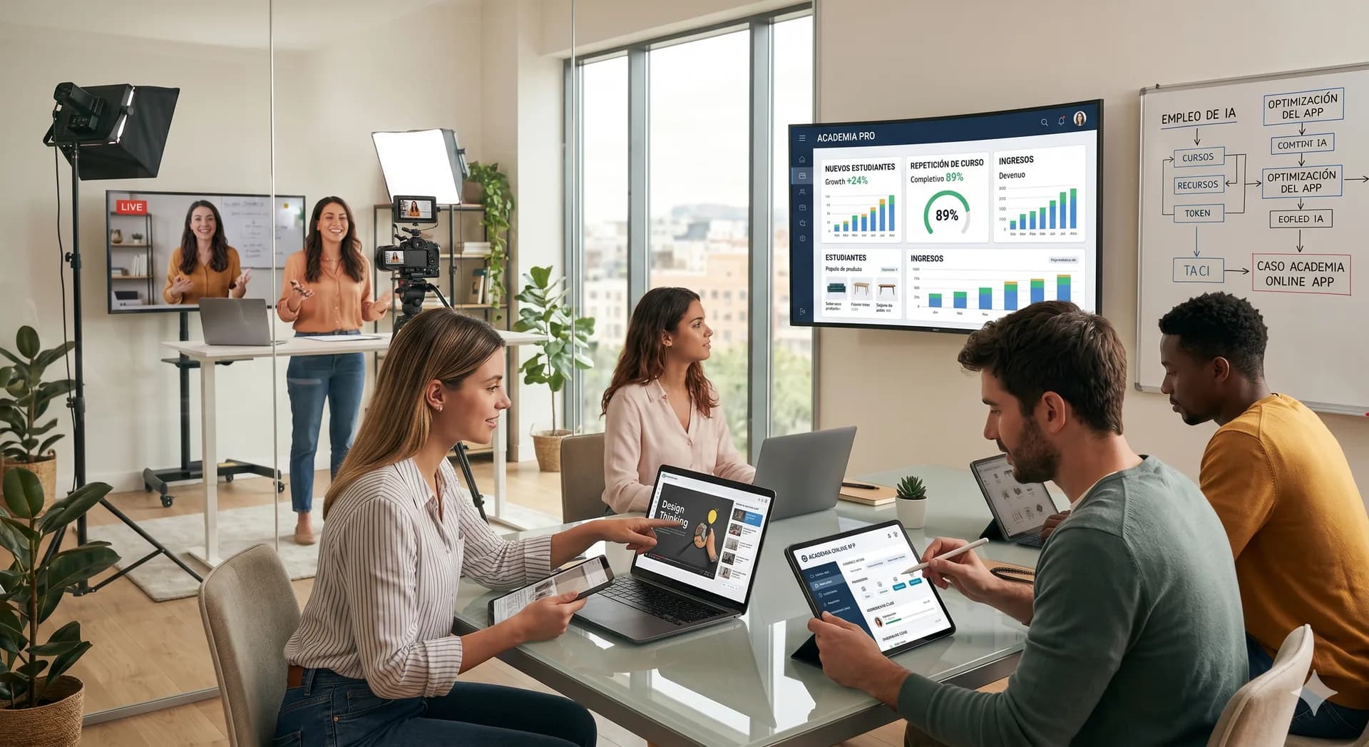 Equipo educativo trabajando con una aplicación móvil y panel LMS para una academia online