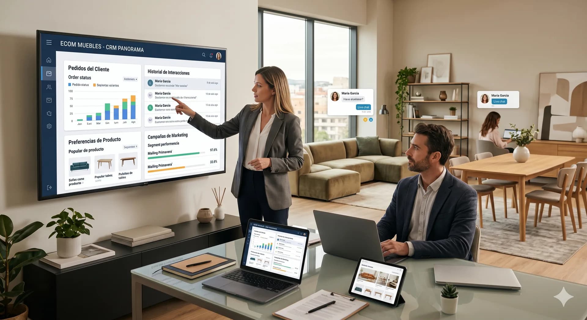 Recepcionista de una clínica de fisioterapia mostrando un sistema digital de reservas a una paciente