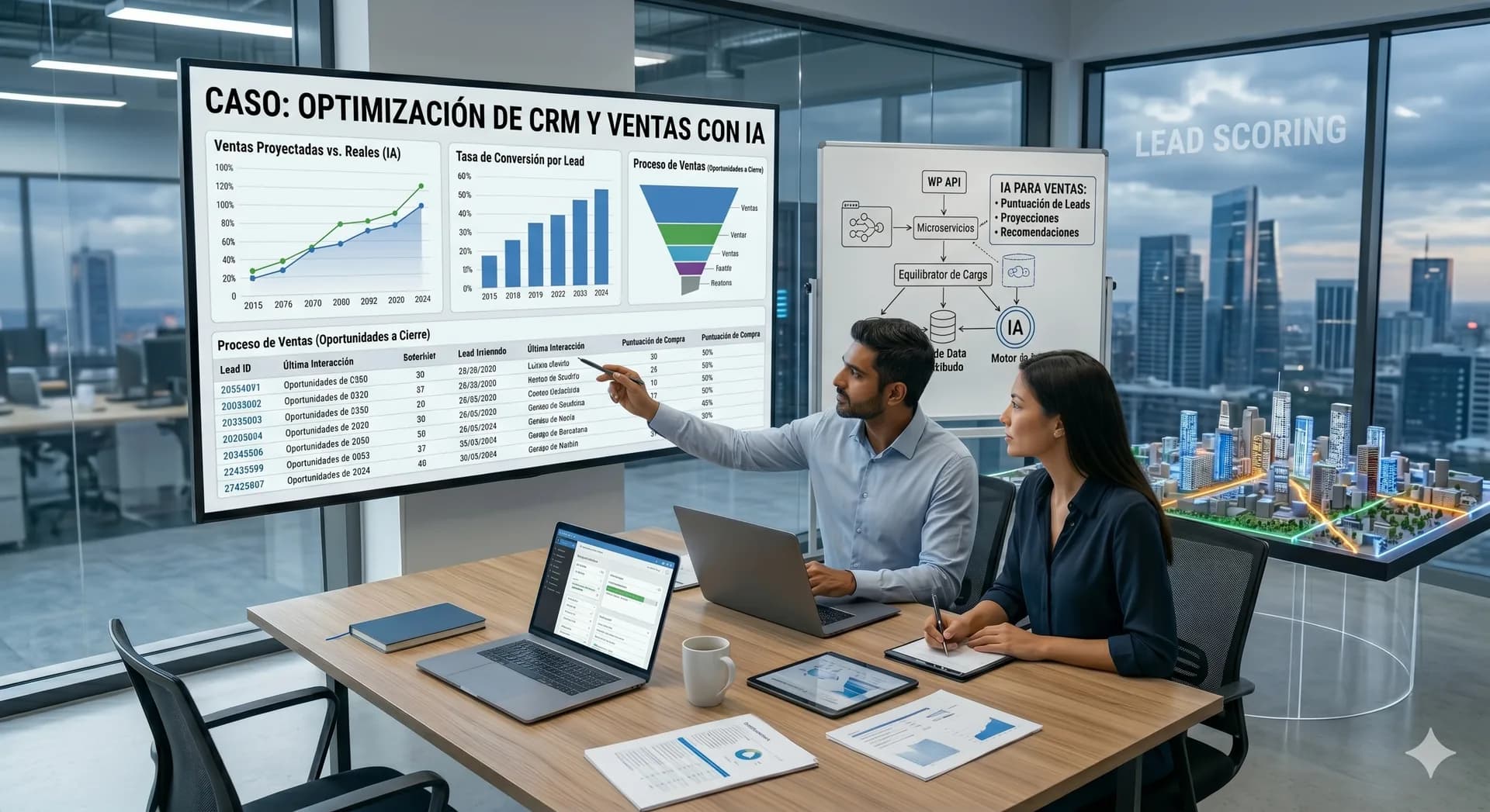 Consultores analizando un CRM de ventas con puntuación predictiva de oportunidades