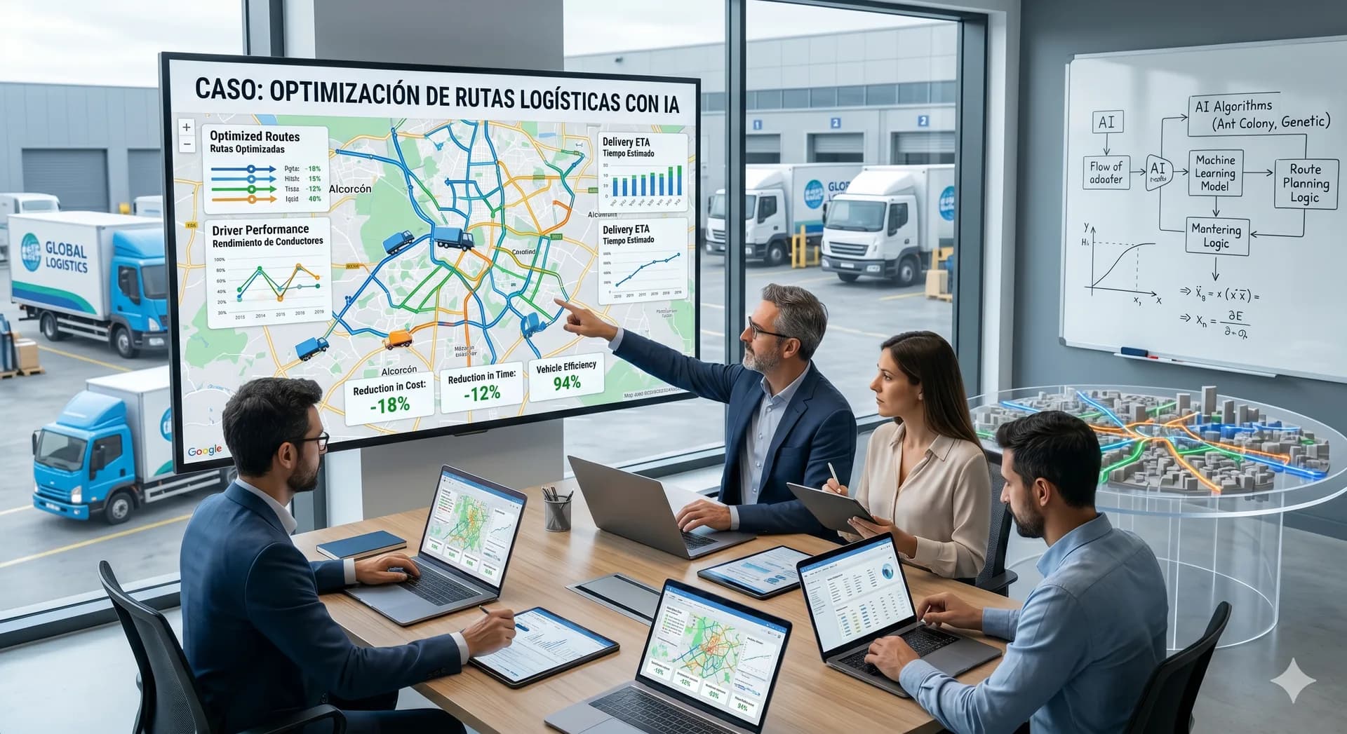 Equipo logístico analizando rutas de reparto optimizadas mediante inteligencia artificial