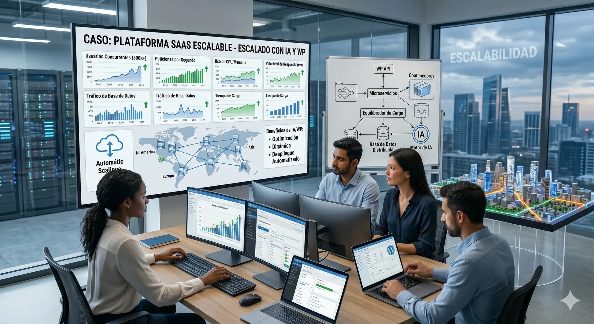 Equipo tecnológico supervisando la escalabilidad y arquitectura de microservicios de una plataforma SaaS