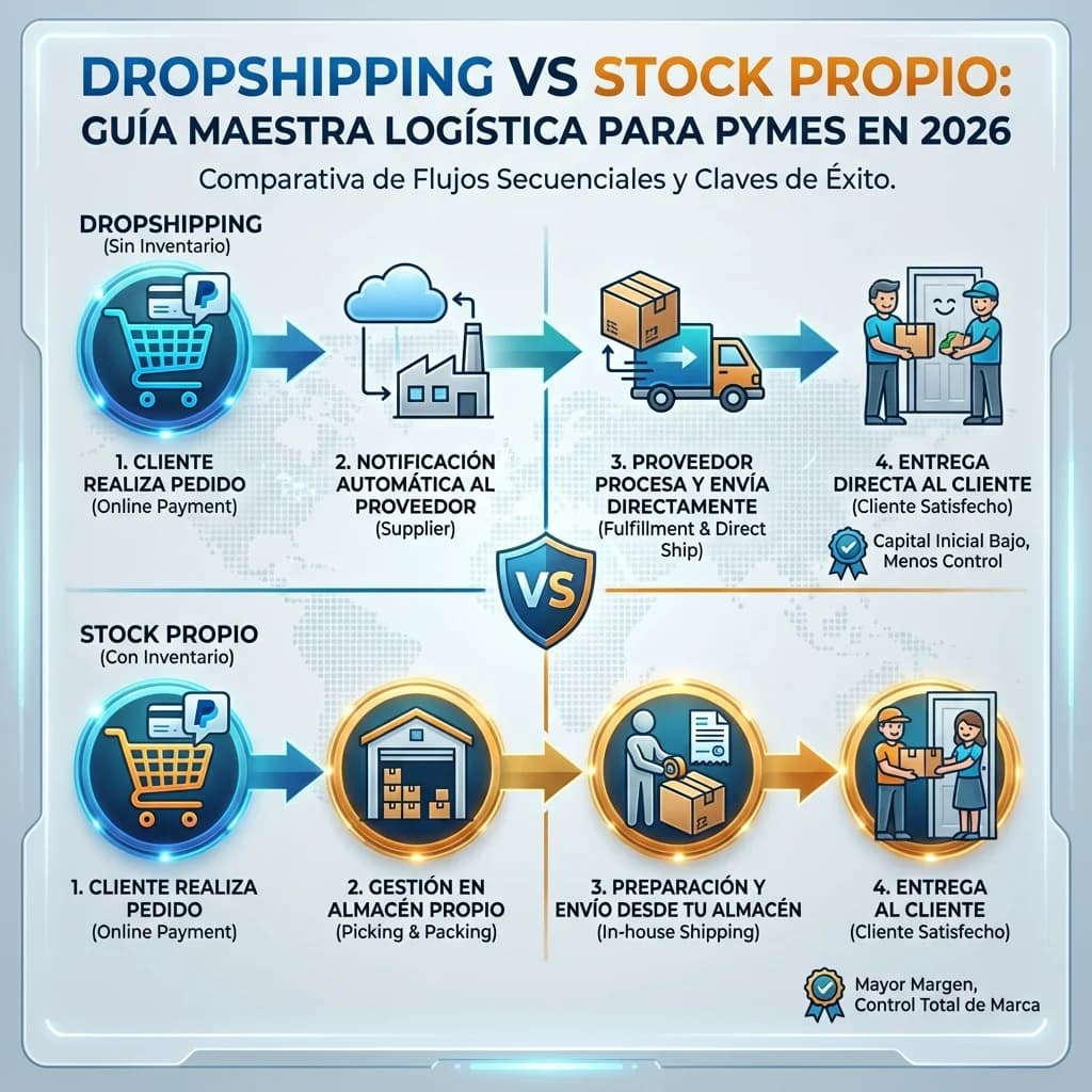 Infografía: proceso completo de dropshipping vs stock propio pymes paso a paso para pymes