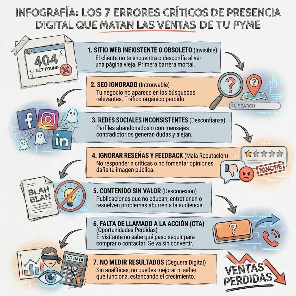 Infografía: proceso completo de errores presencia digital mipymes paso a paso para pymes