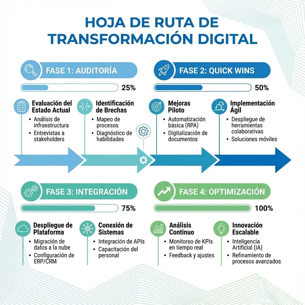 Infografía: proceso completo de transformacion digital bajo presupuesto paso a paso para pymes